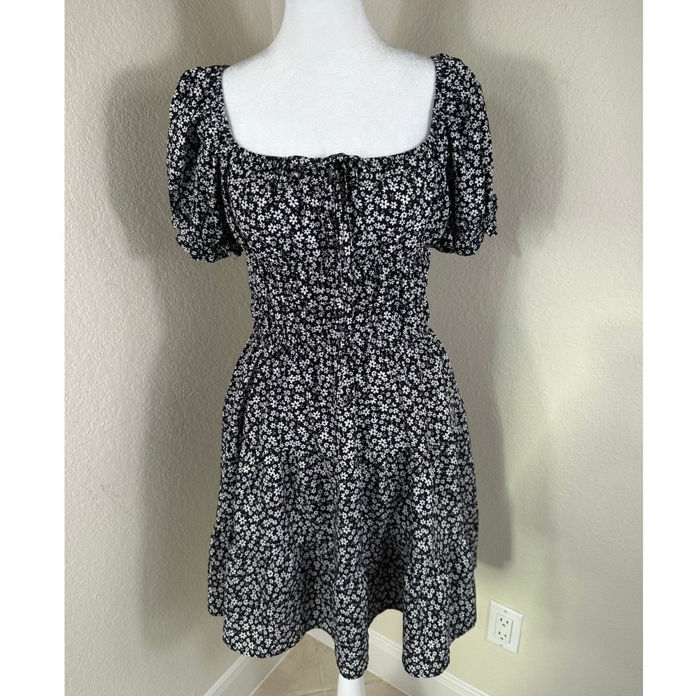 Hesperus Floral Mini Dress Womens L Black White Cottagecore Boho Y2K Babydoll